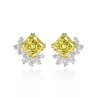 925 sterling silver flower square stud earrings sparkling 1010mm yellow high carbon diamond for women wedding fine jewelry