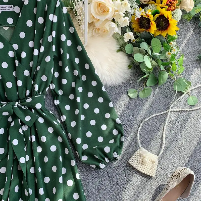 Женское винтажное платье в горошек с v-образным вырезом длинным рукавом и высокой