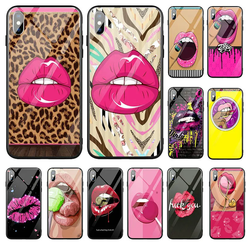 Чехол из закаленного стекла с изображением девушек сексуальных губ для iPhone 8 7 5