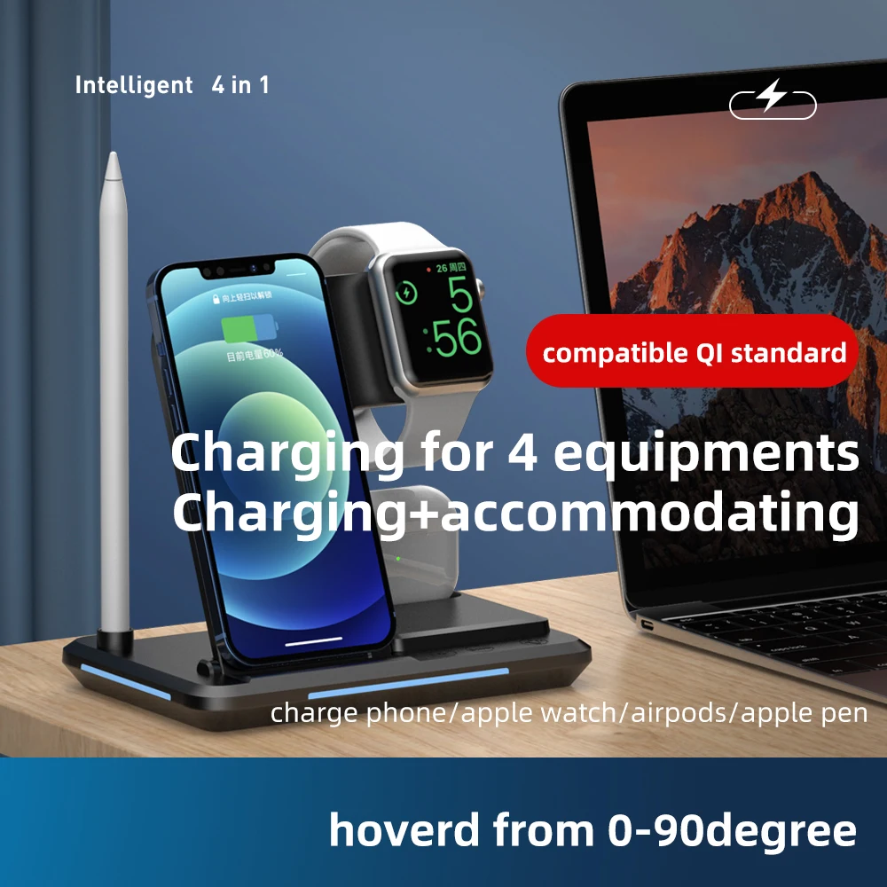 

Fast Qi Standard Intelligent 4 in 1 Multi Mob Watch Earphone Apple Pen Charging Together Smart Wireless One-Stop Charge Dock