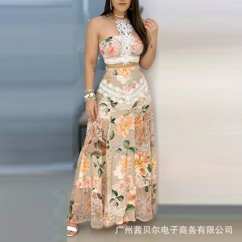 

WEPBEL Sleeveless Top + High Waist Skirt Women 2pcs Clothing Suit Clothes Set New Floral Flower Printed Lace Strapless