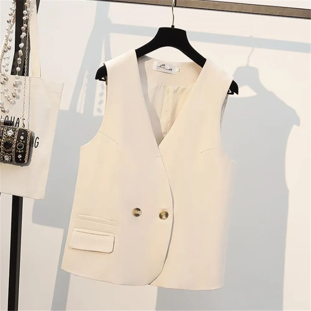 

New 2021 Women Simply Sleeveless Double Breasted Vest Jacket Ol Wear Casual Suit Waistcoat Pockets Outwear Tops Gilet Overcoat