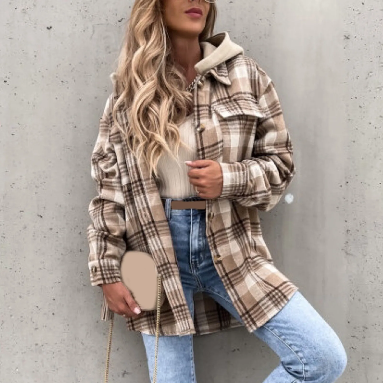 

Fashion Women Loose Single-breasted Shirt Coat Casual Hooded Plaid Printed Long Sleeve Woolen Jacket Outwear Chaqueta Mujer#g3