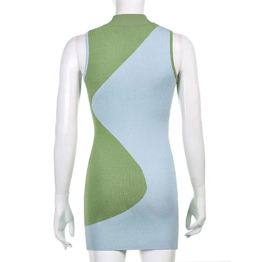 

2021 Ladies Bodycon Dress Color Block Patchwork Women Round Neck Sleeveless Skirt for Dating Daily Wear Or Travel