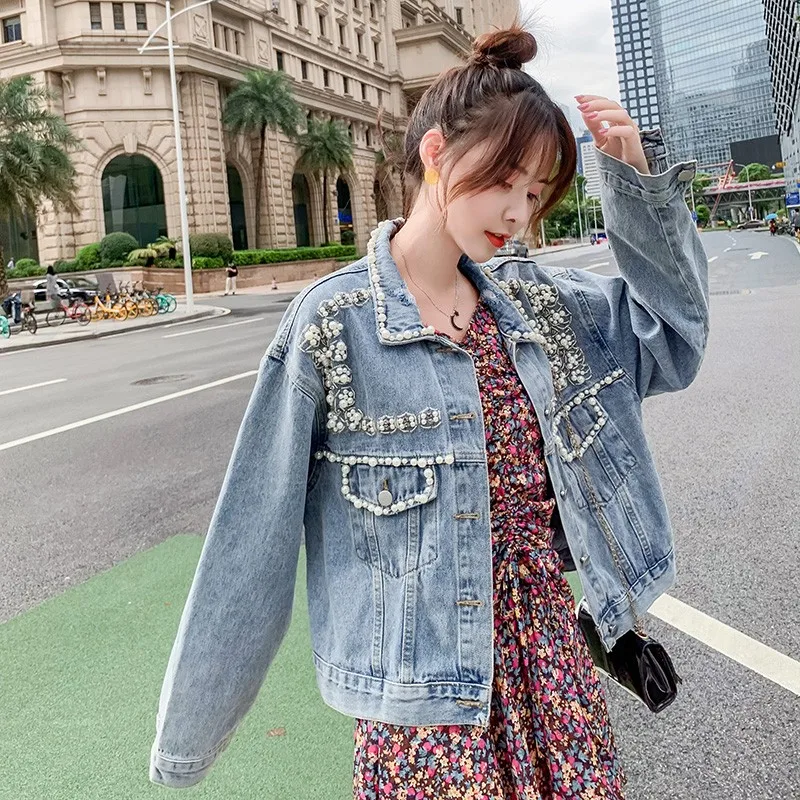 

Plus Size Pearl Beading Short Denim Jackets Women Wash Long Sleeve Vintage Tops Casual Jean Jacket Bomber Denim Coat Veste Femme