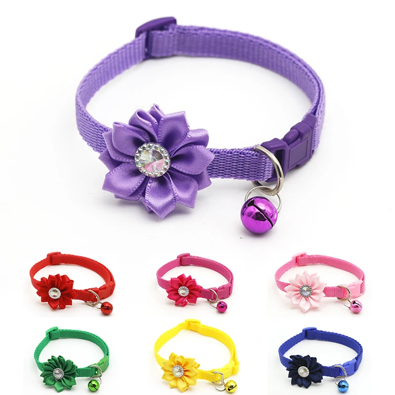 Pet Cat Collar With Bell Adjustable Flower Crystal Dog Easy Wear Buckle Lovely Pets Decor Accessories Dogs Cats Necklace | Дом и сад