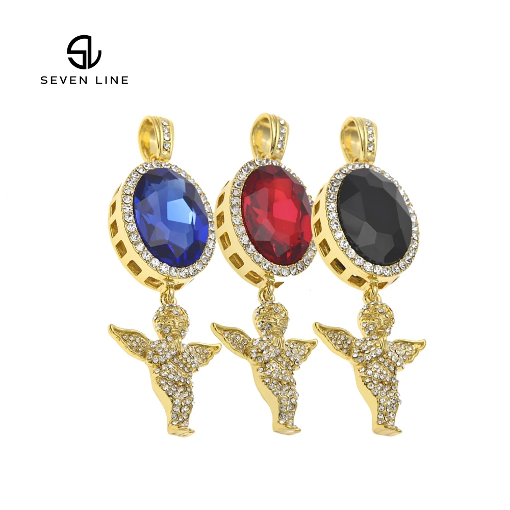 

Hip Hop Hot Sale Diamond Oval Gemstone Full Diamond Angel Combination Pendant