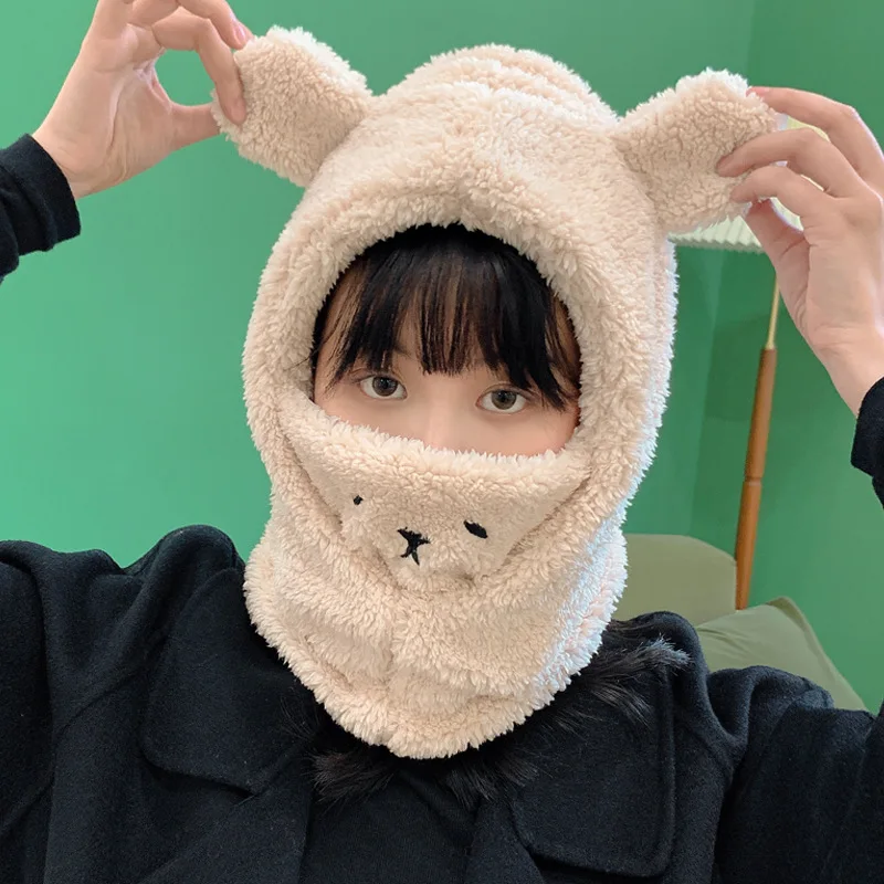 

Japanese Cute Cartoon Bear Ear Cap Hat Lamb Plush Cap Warm Thickened Ear Protection with Warm Mask for Women Girl