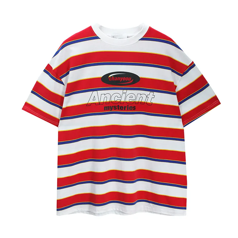 

Striped Contrast Short Sleeve T-Shirt Men's Trendy Summer Street Hip Hop Loose Retro Couple Tops Personality Cotton Half Sleeve