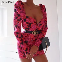 janevini spring ruched floral print women mini dresses puff long sleeve sexy bodycon dress rose red ladies night party outfits