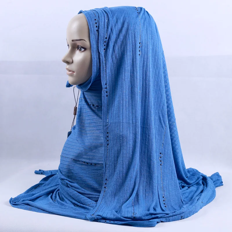 blue 200x120 см KASHKHA брендовый вязанный Длинный Шарф чешские Стразы мусульманские хиджаб платок роскошные бриллианты в полоску завязанные головные уборы - Цвет: blue