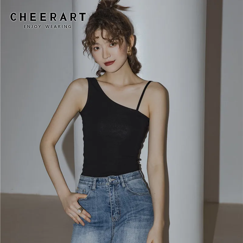 Сексуальная майка CHEERART черный топ с открытыми плечами Женский Топ на одно плечо