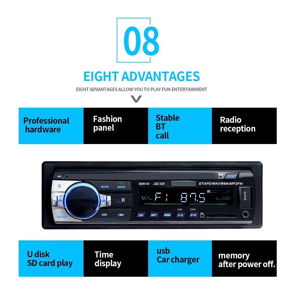 JSD520 ISO 12 в Bluetooth автомобильный стерео In-dash 1 Din FM Aux вход поддержка Mp3/MP4 USB MMC WMA AUX IN TF автомобильный Радио плеер