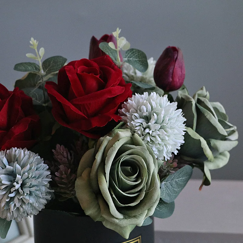 

Black high-grade ceramic vase large ornaments Nordic living room dining room red and blue rose flower arrangement set