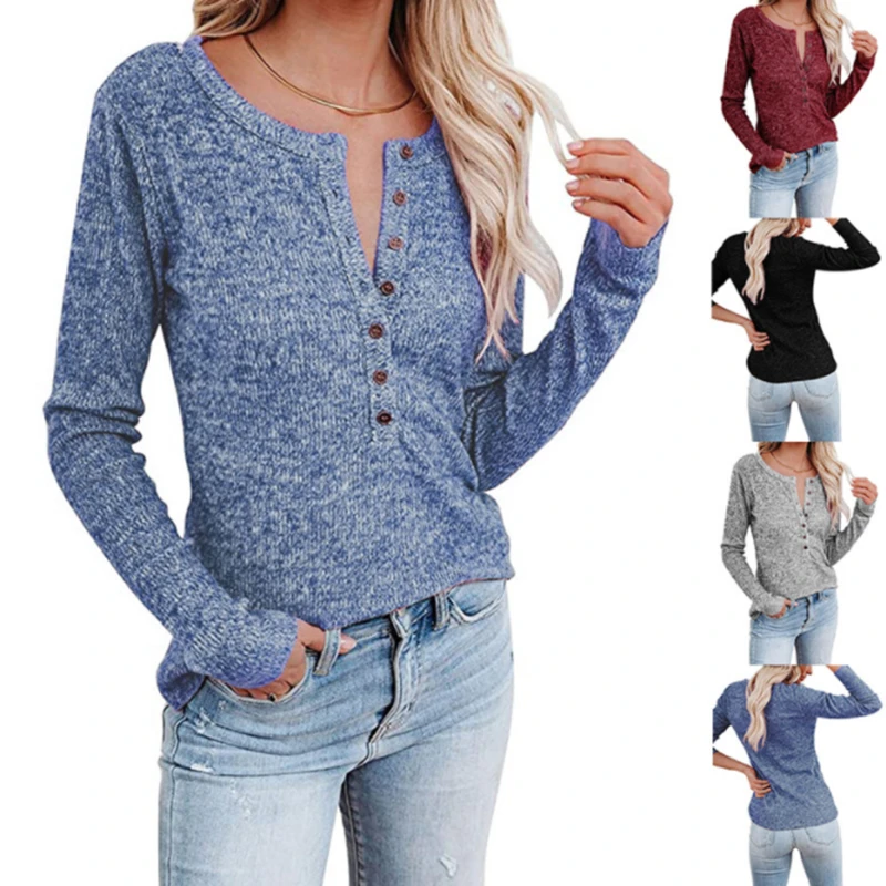 

Women Autumn Knitted Tunic Tops Casual Long Sleeve Buttons V-neck Pullover Sweater Ladies Solid Color Elegant Shirts