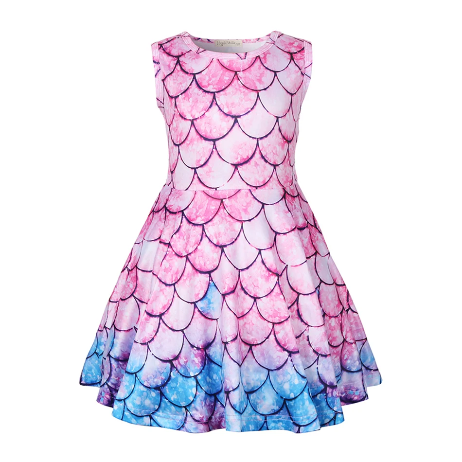 

2-8T Girl Mermaid Dress Children Sleeveless Scales 3D Printed Sundress Children Summer Arier Princess Dress Girl Milk Silk Frock