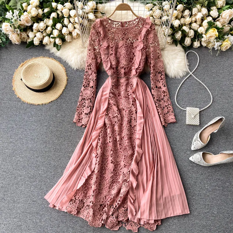 

Women Vintage Lace Patchwork OL Dresses Fashion Office Lady Hollow Out Party Dress Y2K Long Slim Vestidos Sexy Clothes D188