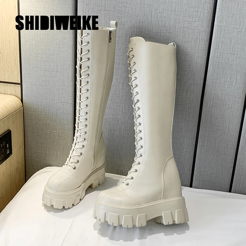 2021 fashion new White Boots Shoes Lacing Knee-High Female Platform Thick Heel Plus Size High-Leg Women | Обувь