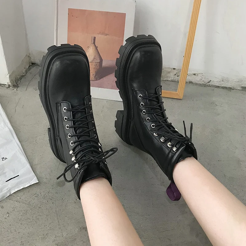 Lucyever Women Vintage Square Toe Platform Ankle Boots Thick Sole Autumn Winter Shoes Woman Gray PU Leather Military Botas Mujer | Обувь