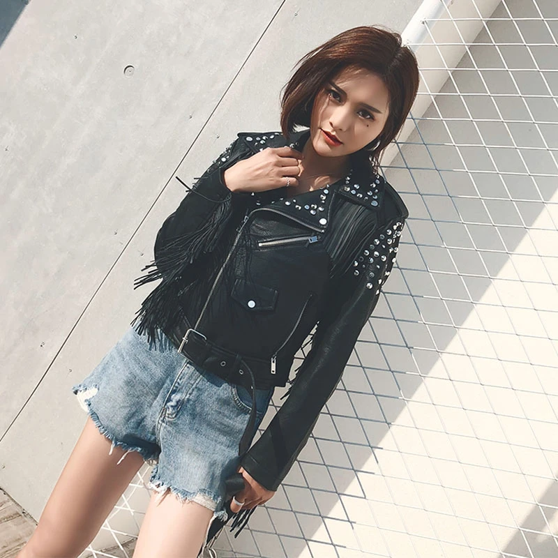 Куртка женская мотоциклетная из искусственной кожи Черная байкерская верхняя