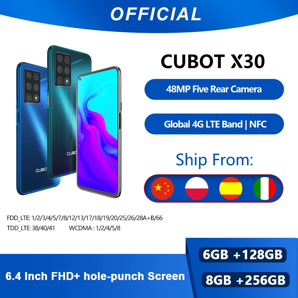 

Cubot X30 8GB Smartphone 48MP Five Camera 32MP Selfie NFC 256GB 6.4" FHD+ Fullview Display Android 10 Global Version Helio P60