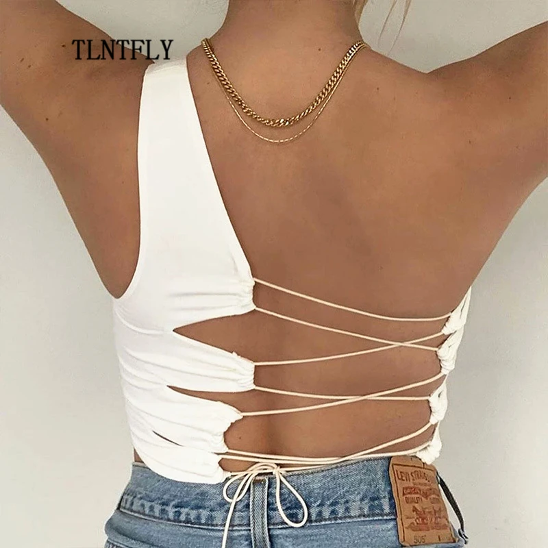 

Vest Corset Sexy Tops Summer Clothes For Women 2021 Solid Color Sleeveless Hollow Straps Halter Slanted Shoulder Bar Clubwear