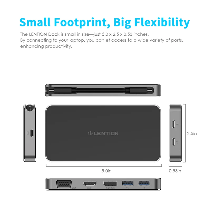 Lention USB-C портативная док-станция 1080P с 2 USB 3,0, HDMI+ DisplayPort+ VGA выход, type C данных+ адаптер для зарядки