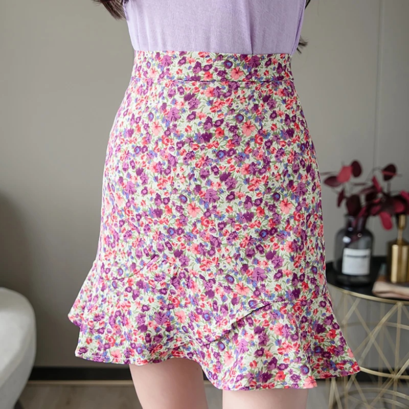 

2021 Summer Korean falda Pantalon De Mujer Irregular A Line High Waisted Ruffle Slim Stort Skirt floral Package Hip Mini Skirt