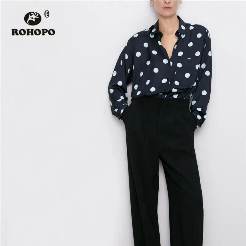 ROHOPO отложной воротник белая Polk Dot черная блузка длинный рукав круглый край