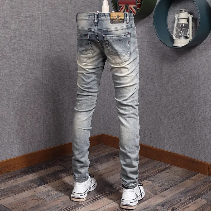 Italian Style Fashion Men Jeans Retro Light Gray Blue Elastic Slim Ripped Jeans Men Vintage Designer Denim Pants Street Trousers