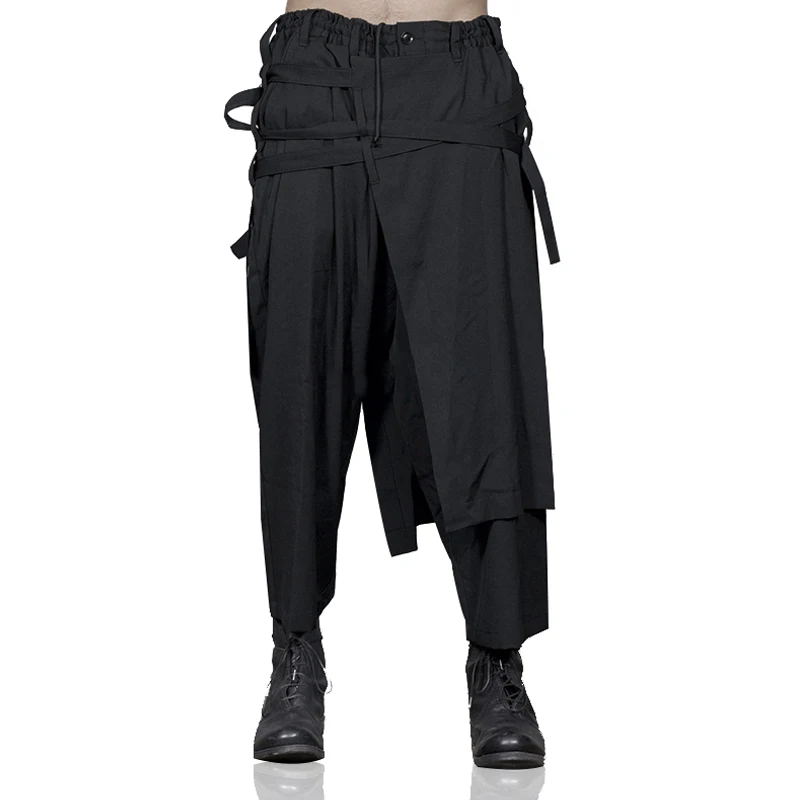 Nine-point trousers with straps, new men’s trousers, loose multi-layer niche small feet, multi-band winding deconstruction pants