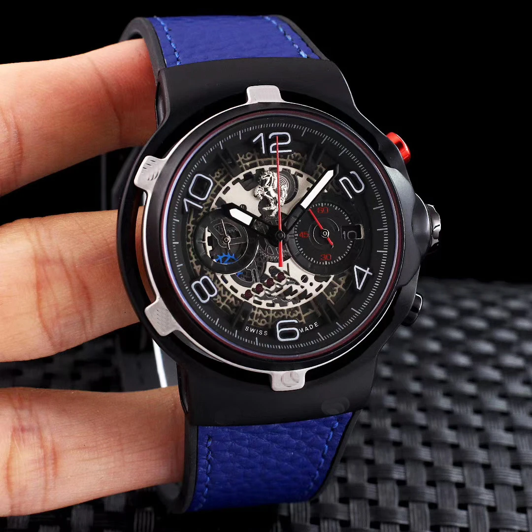 

2021 Luxury Brand New Men Chronograph Stopwatch Black Case Silver Leather Stainless Steel Sapphire Watch Uni-code Glass Back
