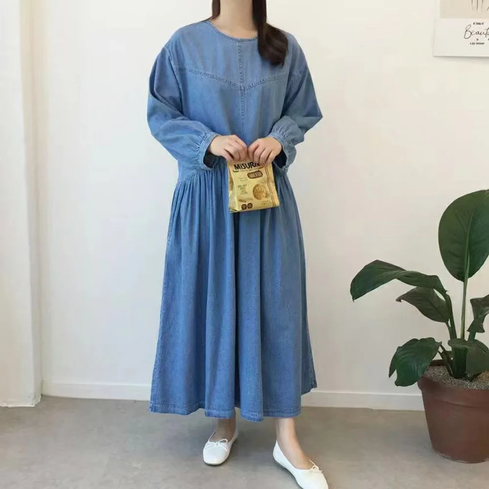 

2021 Denim Dress Women Folds Solid Color Long Round Neck Long Sleeve Pullover Autumn New 2021 Korean Fashion Loose Casual