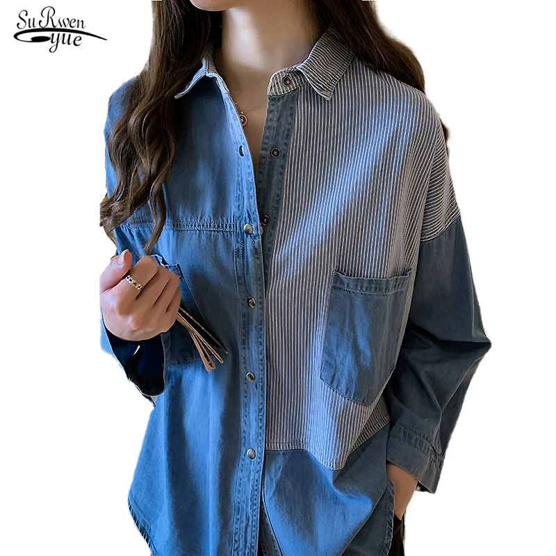 

Blusas размера плюс, Осенний Топ Camisa джинсы Feminina 2021 хлопковая футболка для мальчиков с длинным рукавом Блузка для женщин Свободные новый корей...