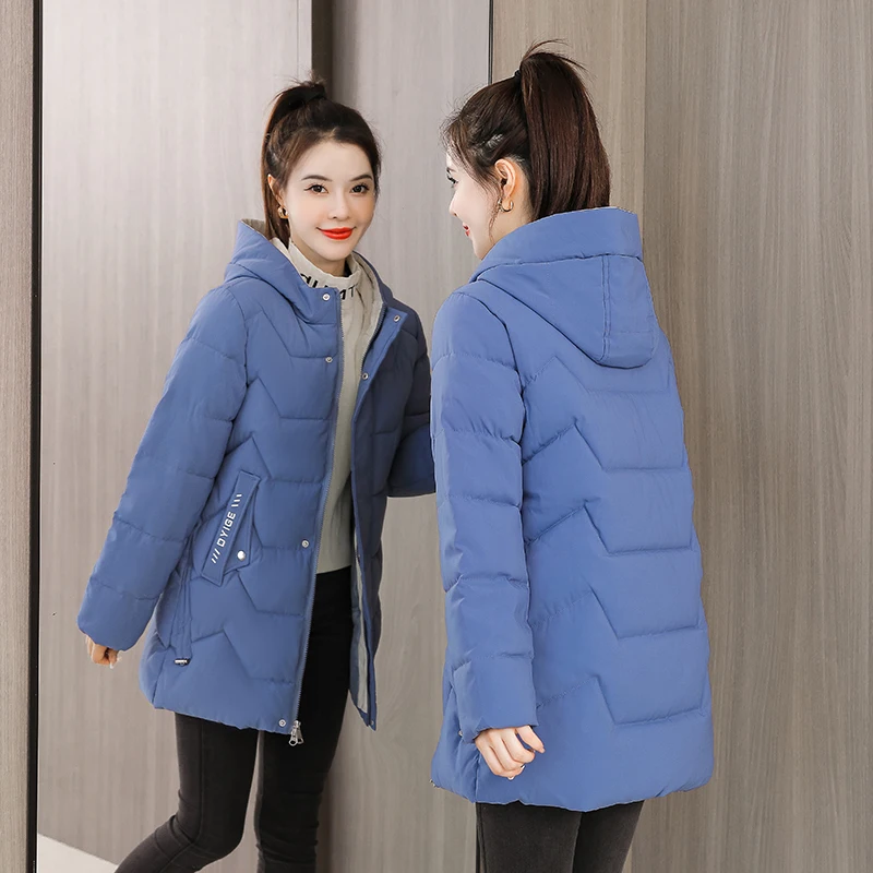 

Winter Cotton Women's Down Jacket Hooded Long Sleeve Cardigan Zipper Loose Solid Thick Fashion Office Lady Down Jacket