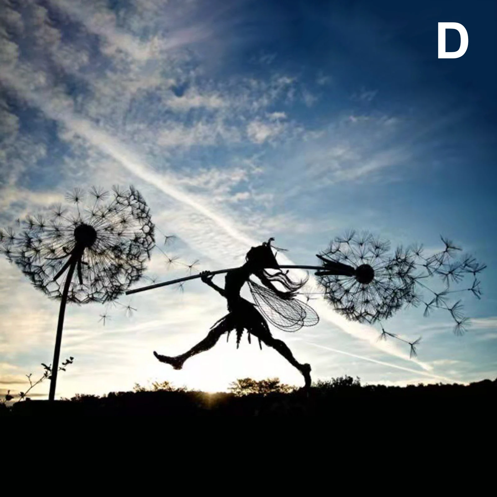 

2D Garden Fairy Decoration Stake Fairy Playing on/with the Dandelion Metal Art Elf Silhouette Ornament for Outdoor L23