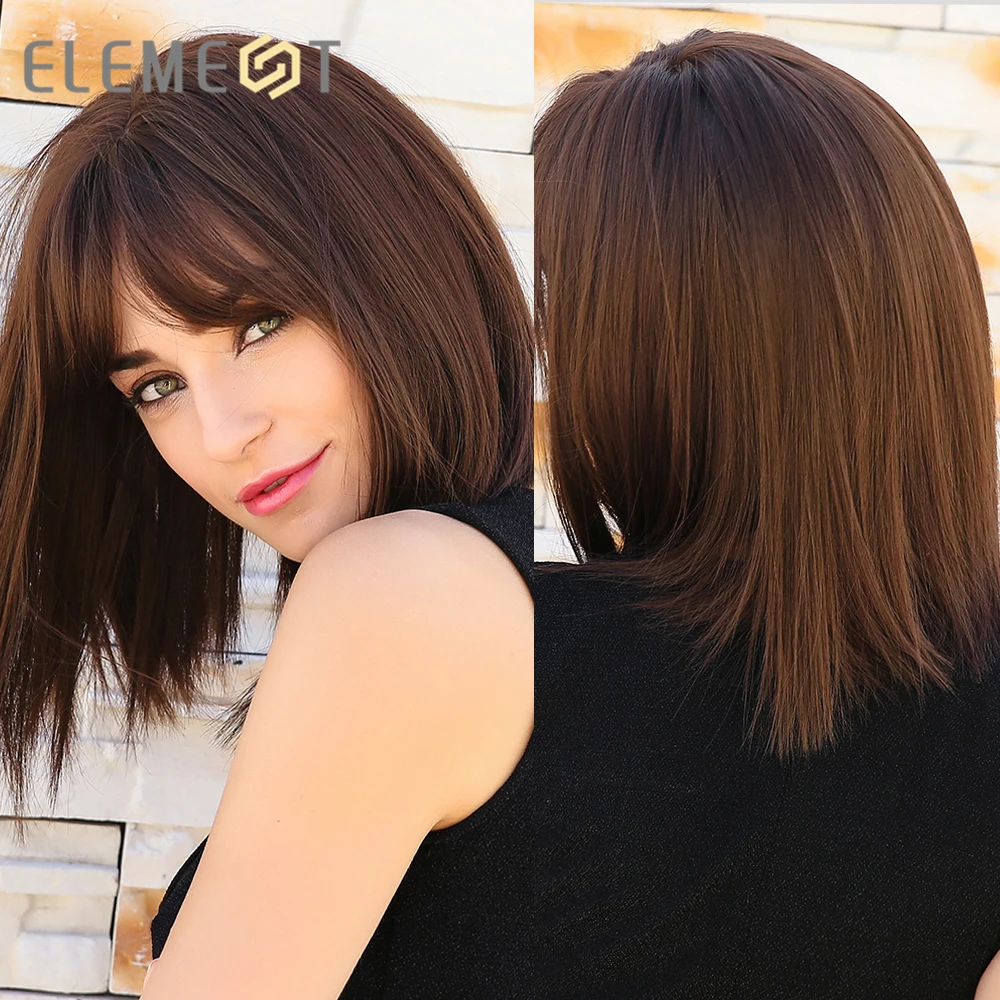 

Короткие прямые синтетические коричневые милые парики с челкой Element, термостойкие парики для белых/черных женщин вечерние или повседневной...