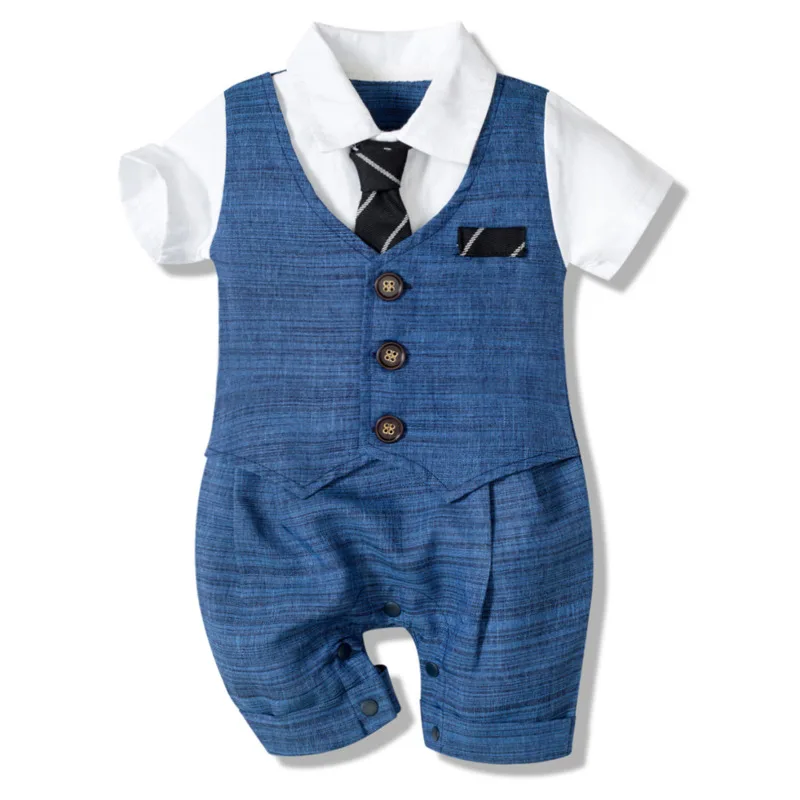 

Summer Baby Gentleman Boys Clothes Wedding Party 100% Cotton Infant Boys Overalls Outfits Romper+tie Boys Baby Clothing Outfits