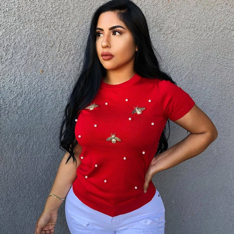 

Plus Size Women Short Sleeve Pearl Beading Tshirt Ladies Tee Tops Summer Solid Weekend Casual Fit Round Neck Basic T Shirt 2020