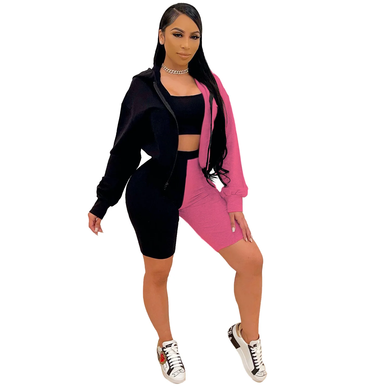 

2021 Summer Fashion Women 3PCS Solid Long Sleeves Hooded Neck Contrast Colors Coat + Vest + Skinny Short Pants Outfit Newest