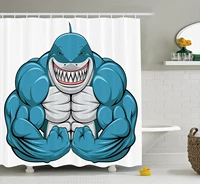 fish shower curtain a smiling toothy white shark with big muscles on arms illustration print bathroom waterproof curtains