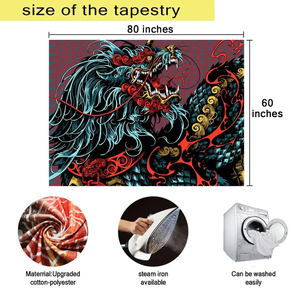 

Simsant Chinese style unicorn Dragon Beast Totem Tapestry Wall Hanging Colorful Decorative Wall Art Chinese Myths Bedspreads