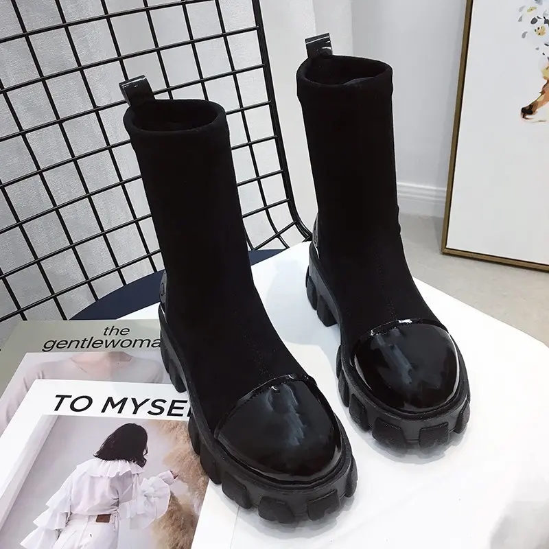 

Black stockings boots women's boots platform white stockings