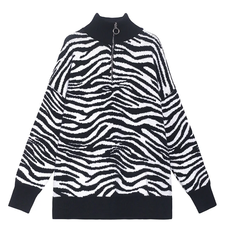 

QING MO Zebra Striped Women Sweater 2021 Spring Zipper Pullover Sweater Casual Plus Size Knitted Coat Loose Black QYF227A