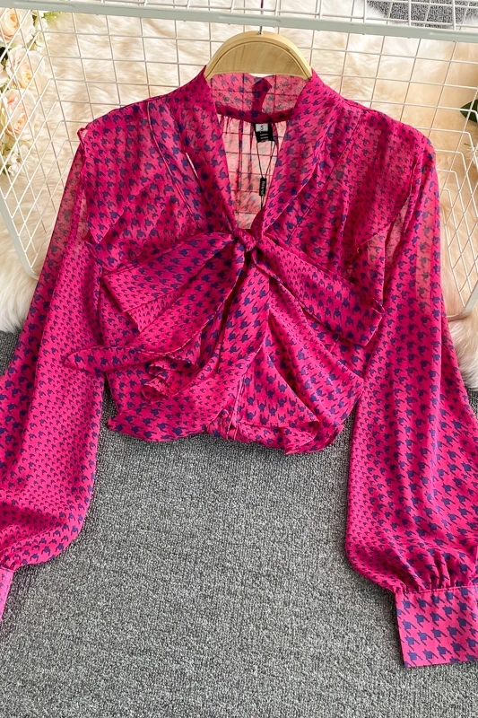 

Western-style print lace-up bow ruffled single-breasted chiffon shirt top