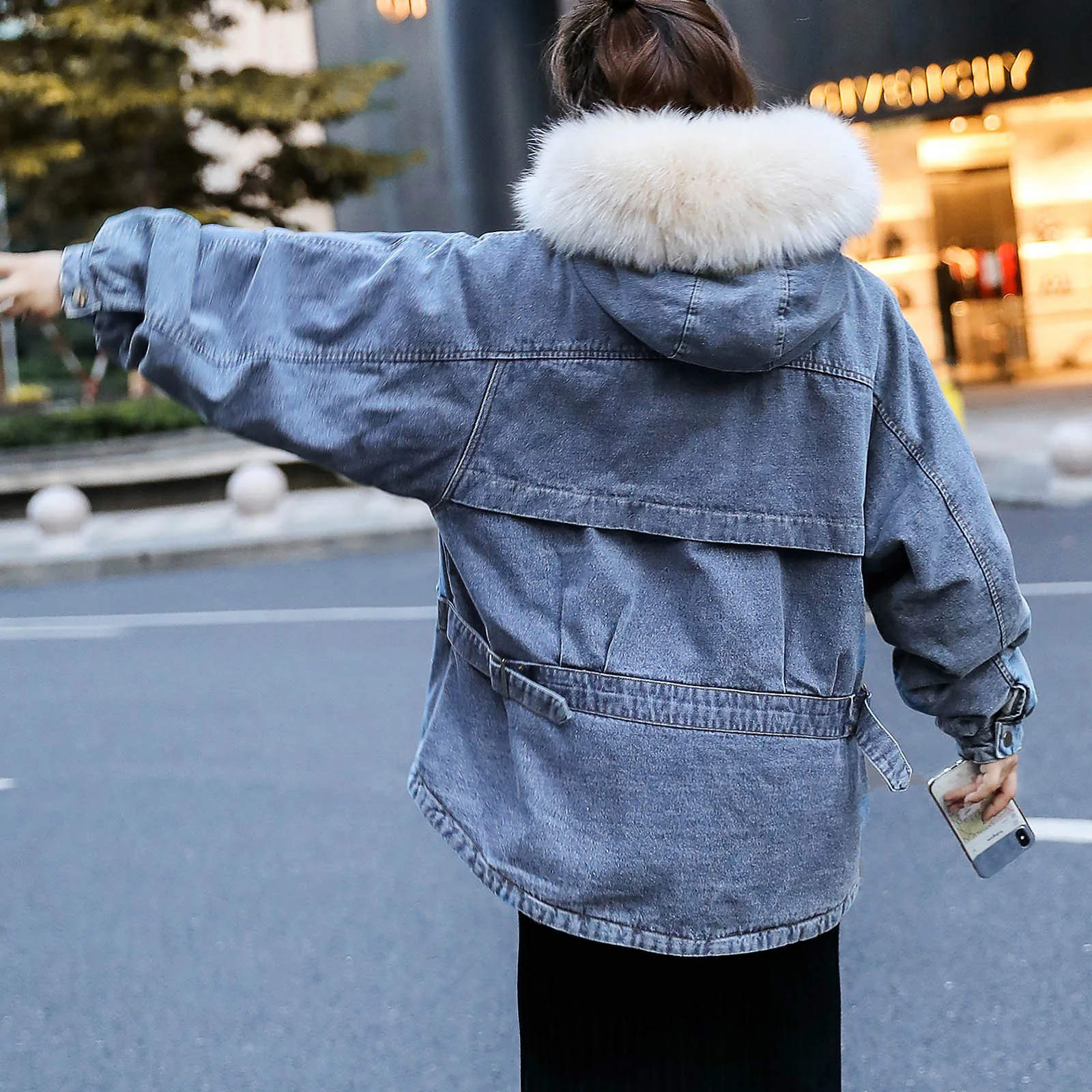 Зимнее теплое женское джинсовое пальто флисовая плюшевая джинсовая куртка