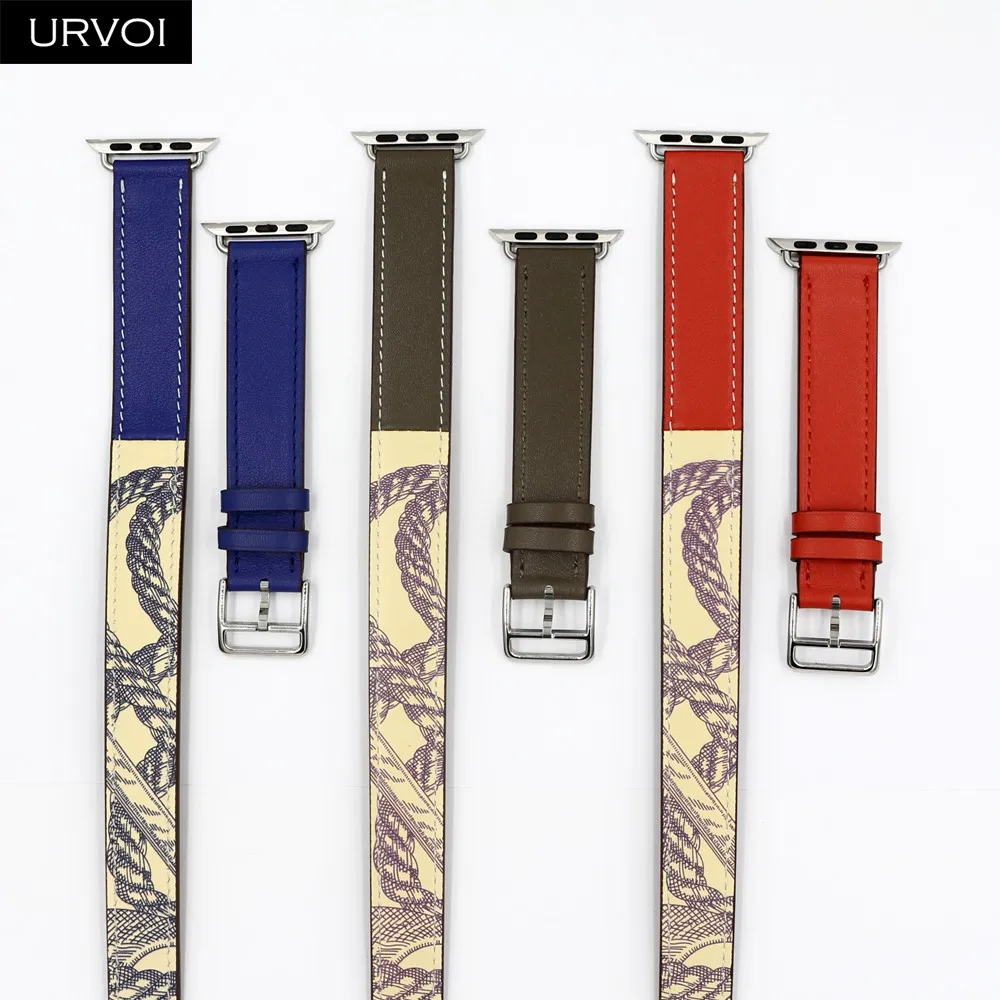 URVOI Печатный двойной тур ремешок для Apple Watch 5 4 3 ремешок для iwatch натуральная кожа петля очень длинный ремень качество 40 44 мм