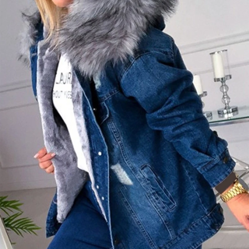 

Женская зимняя теплая джинсовая куртка с пушистым воротником и капюшоном, теплая джинсовая куртка на толстой плюшевой подкладке с длинным ...