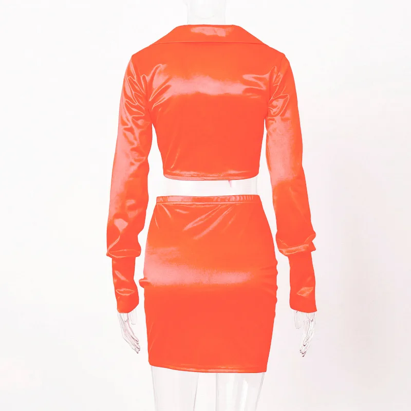 

Bodycon Long Sleeve Top + Short Skirt Suit Sexy Satin Smooth Lapel Bow Tie Deep V Neck Women's Sets Streetwear Party Club Sets