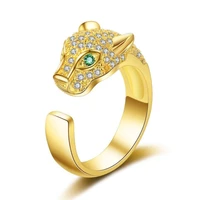 trendy light yellow gold color metal leopard shape resizable open finger ring with cubic zirconia animal jewelry